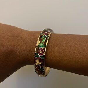 Vintage Cloisonné Enamel Flower Cutout Hinge Bracelet